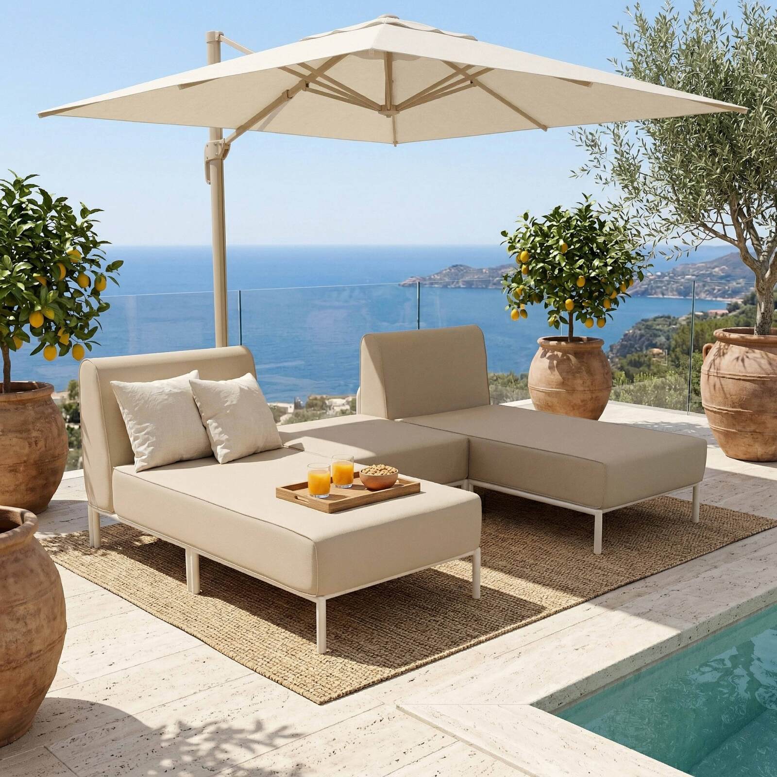 Divano modulare da esterno 2 posti con 2 chaise longue e 1 pouf