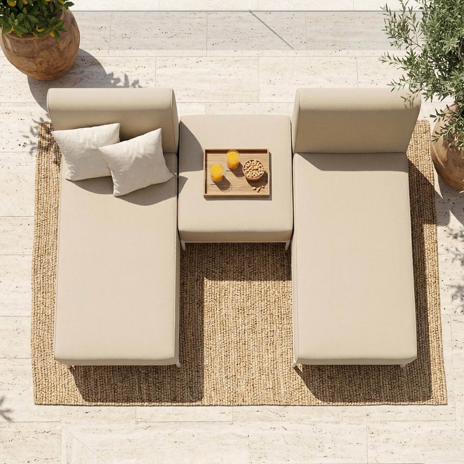 Divano modulare da esterno 2 posti con 2 chaise longue e 1 pouf
