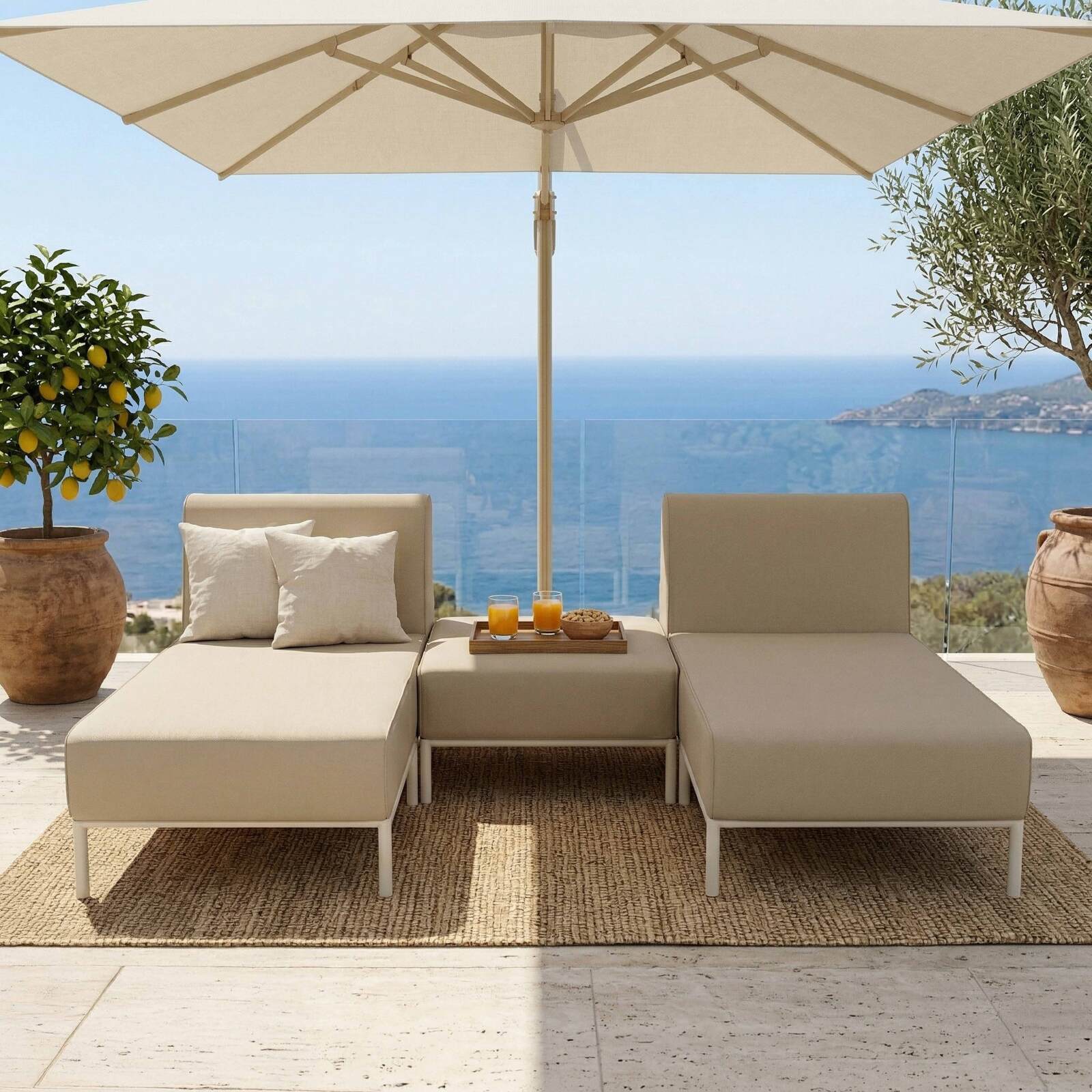 Divano modulare da esterno 2 posti con 2 chaise longue e 1 pouf