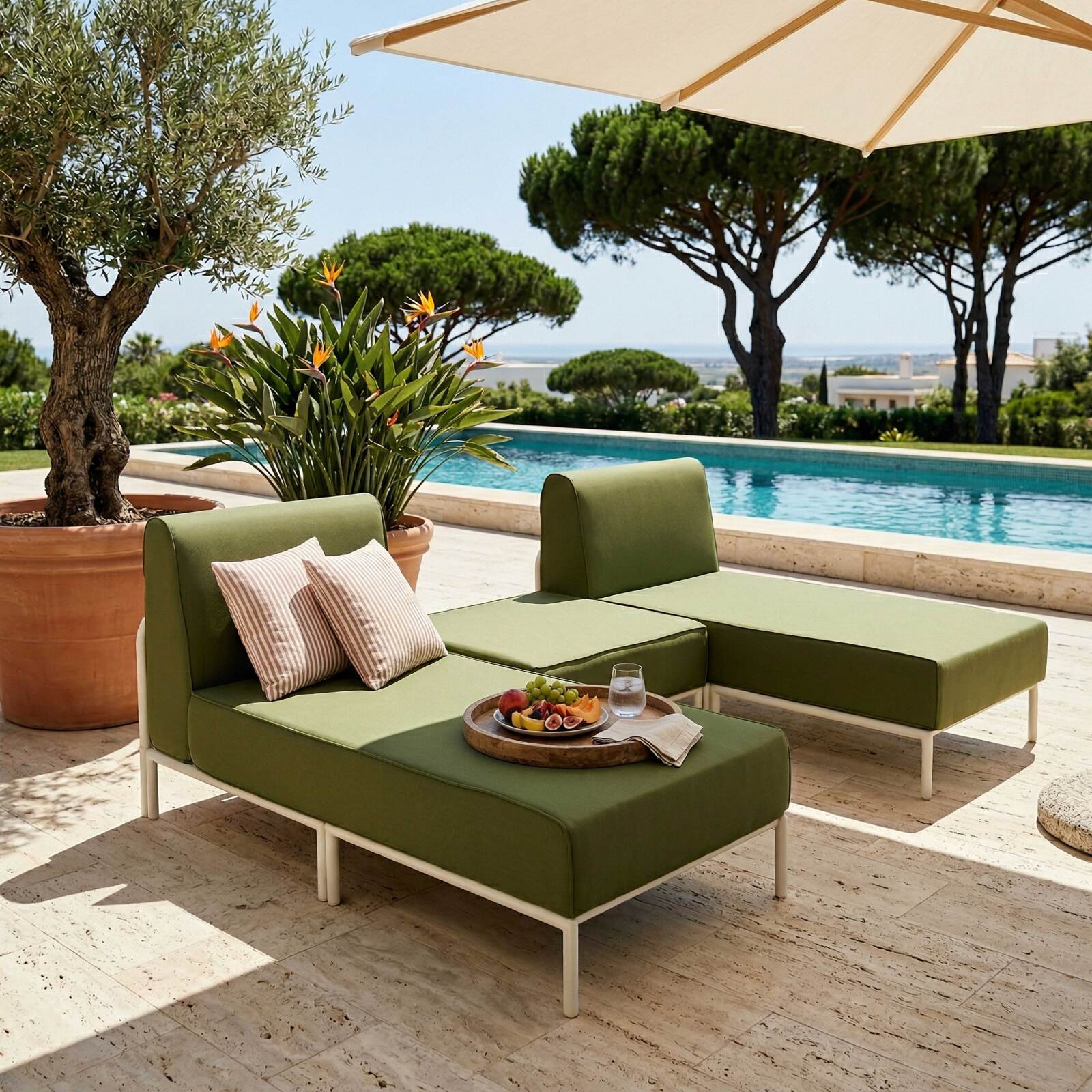 Divano modulare da esterno 2 posti con 2 chaise longue e 1 pouf