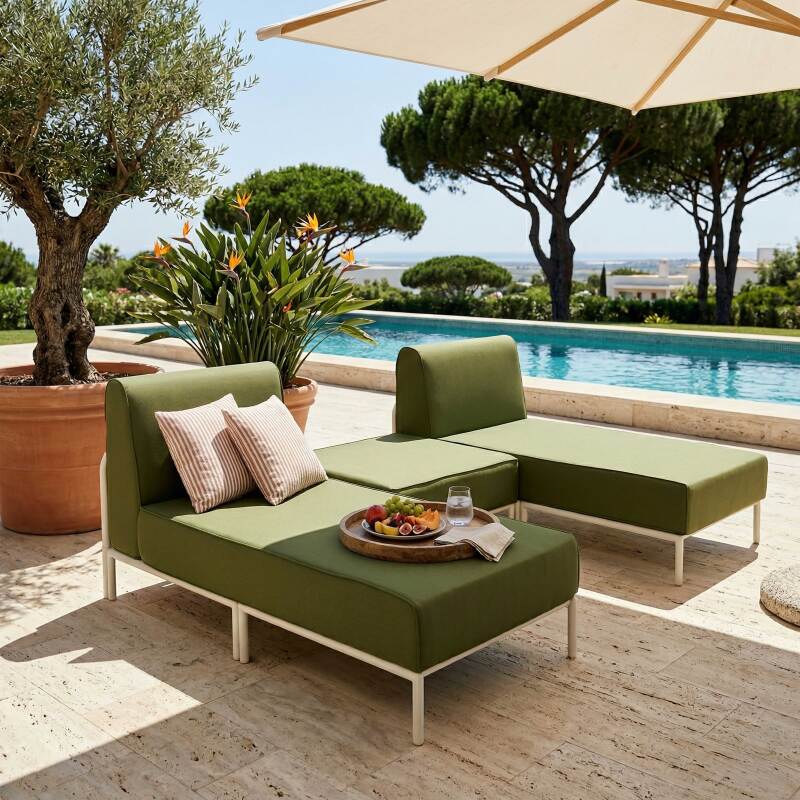 Divano modulare da esterno 2 posti con 2 chaise longue e 1 pouf