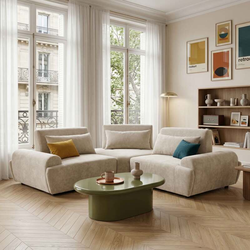 Divano angolare modulare 3 posti in tessuto con cuscini