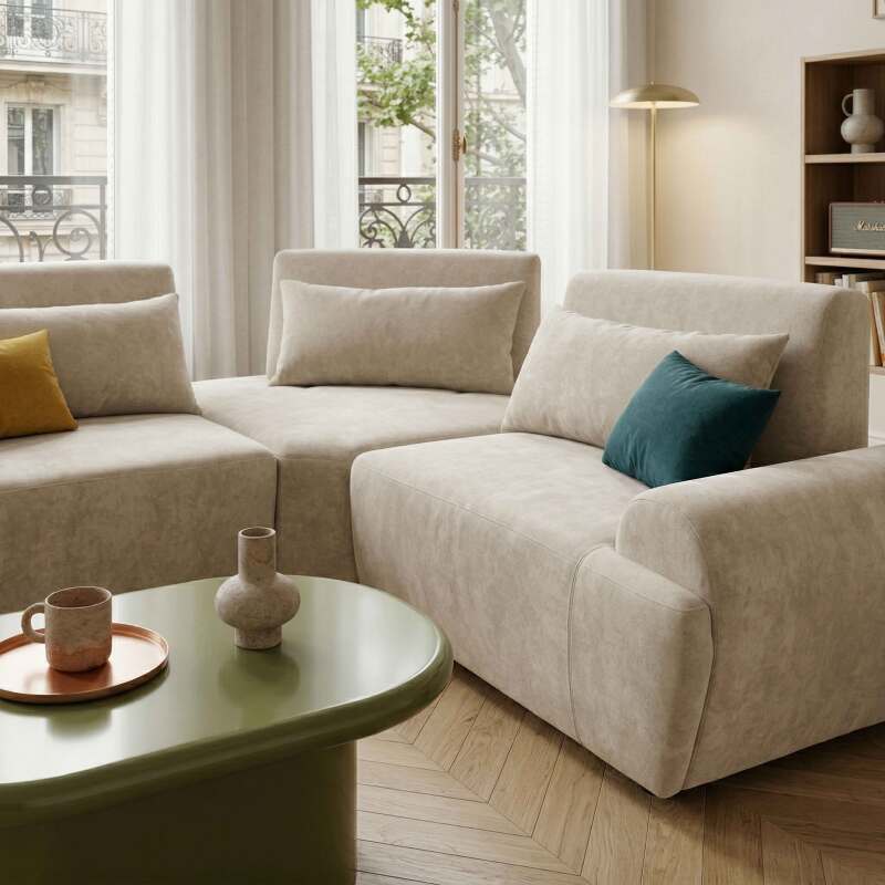 Divano angolare modulare 3 posti in tessuto con cuscini (2/8)