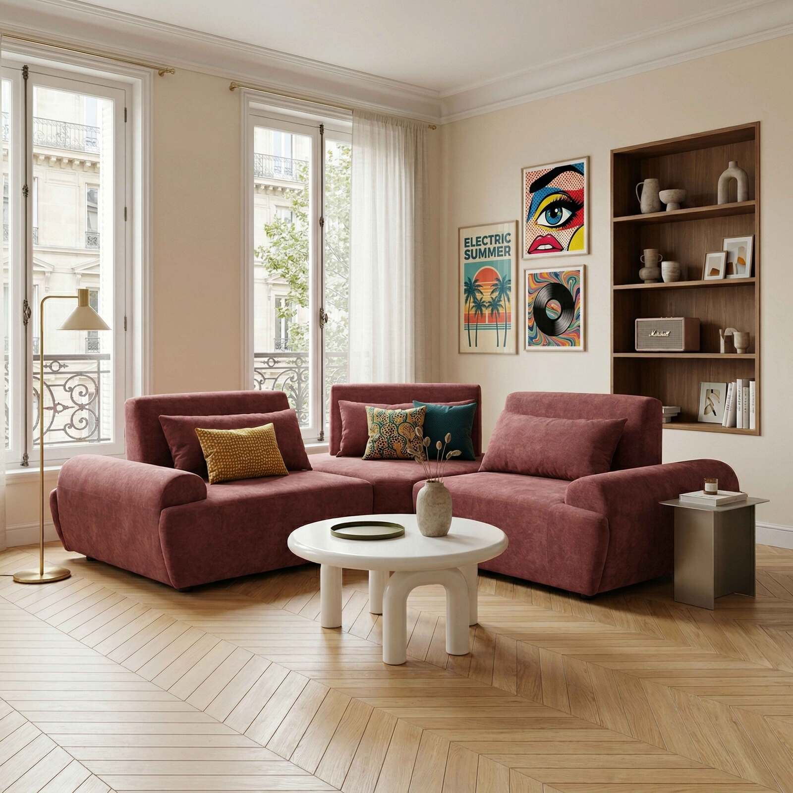 Divano angolare modulare 3 posti in tessuto con cuscini