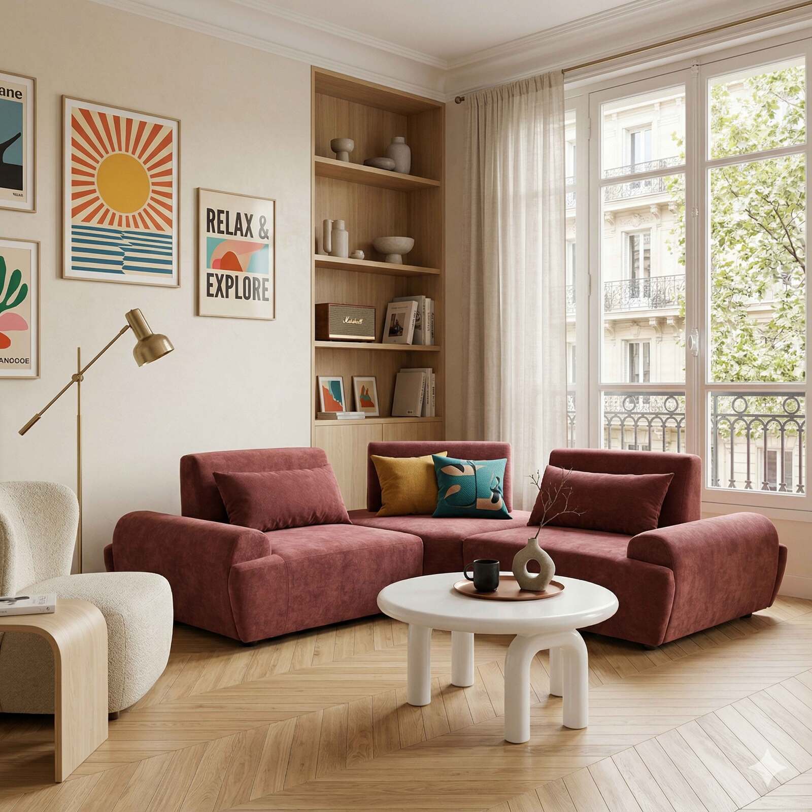 Divano angolare modulare 3 posti in tessuto con cuscini