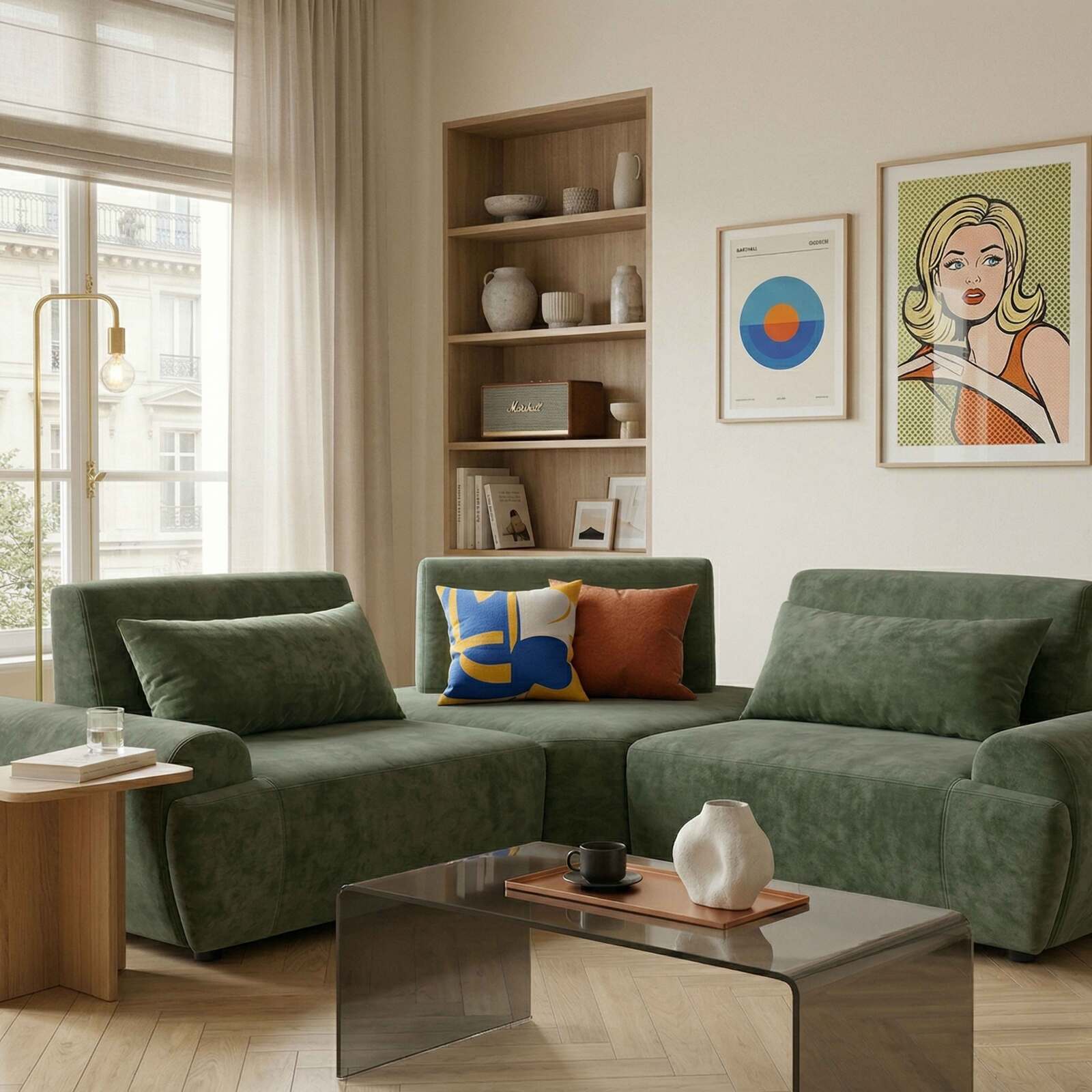 Divano angolare modulare 3 posti in tessuto con cuscini