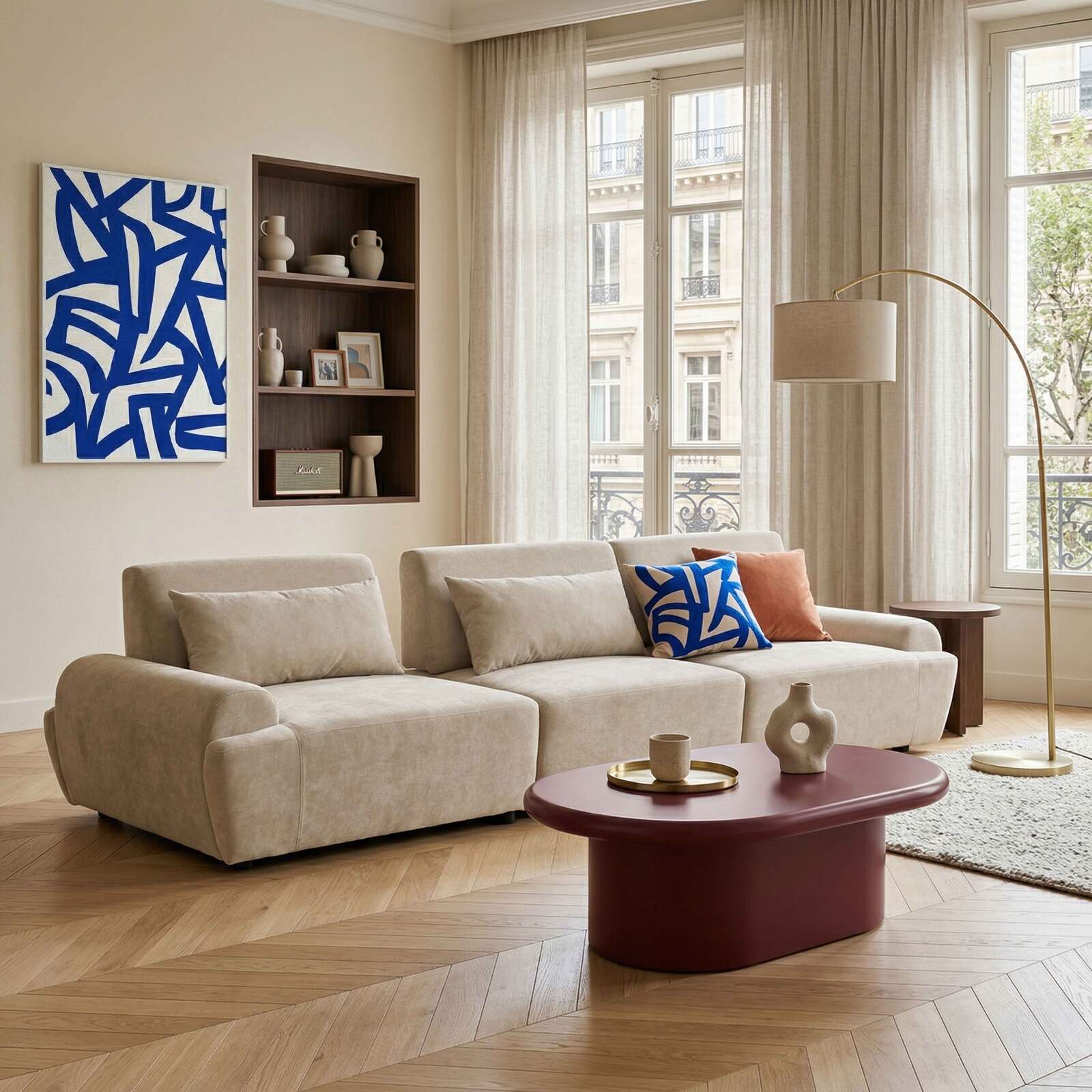 Divano modulare 3 posti in tessuto con cuscini