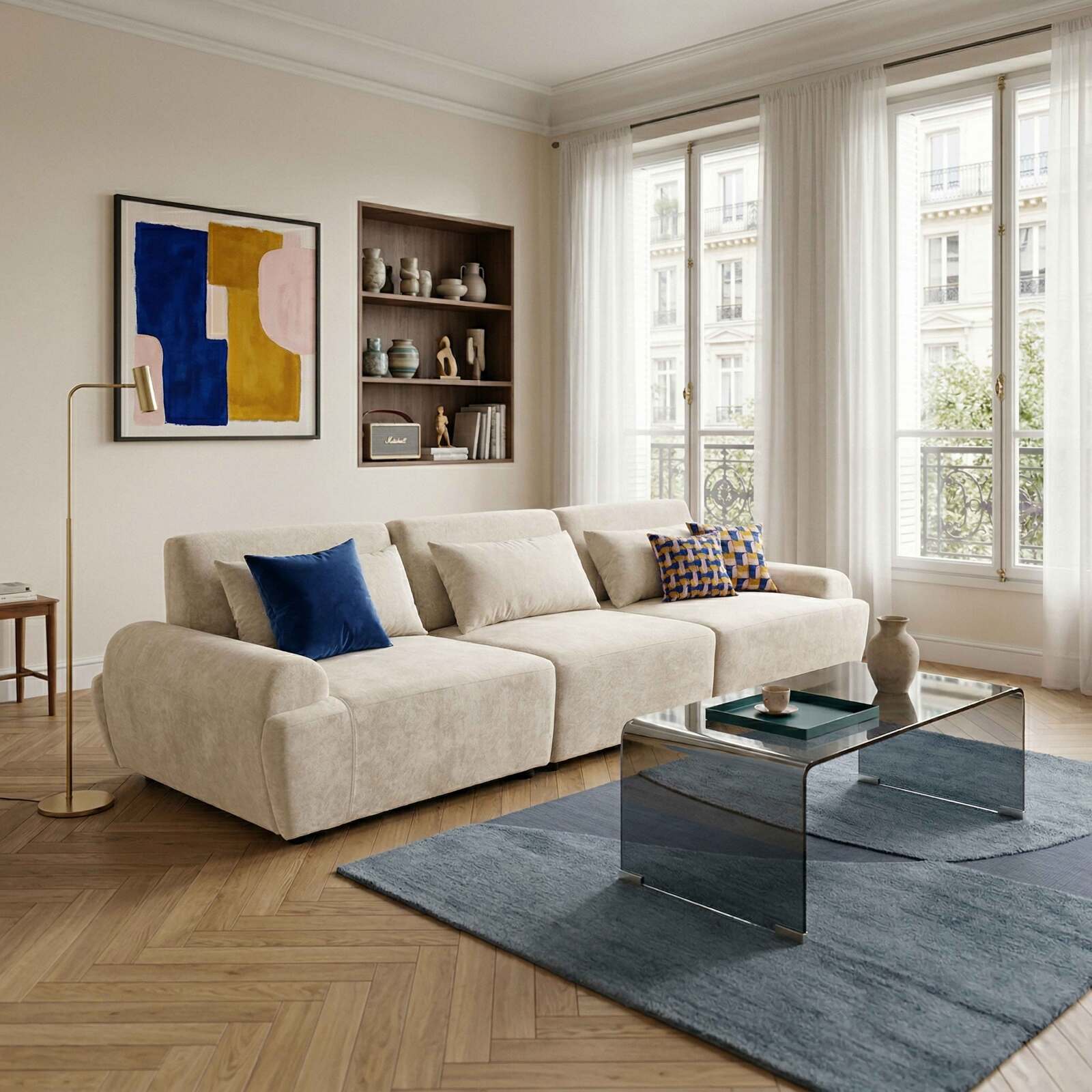 Divano modulare 3 posti in tessuto con cuscini