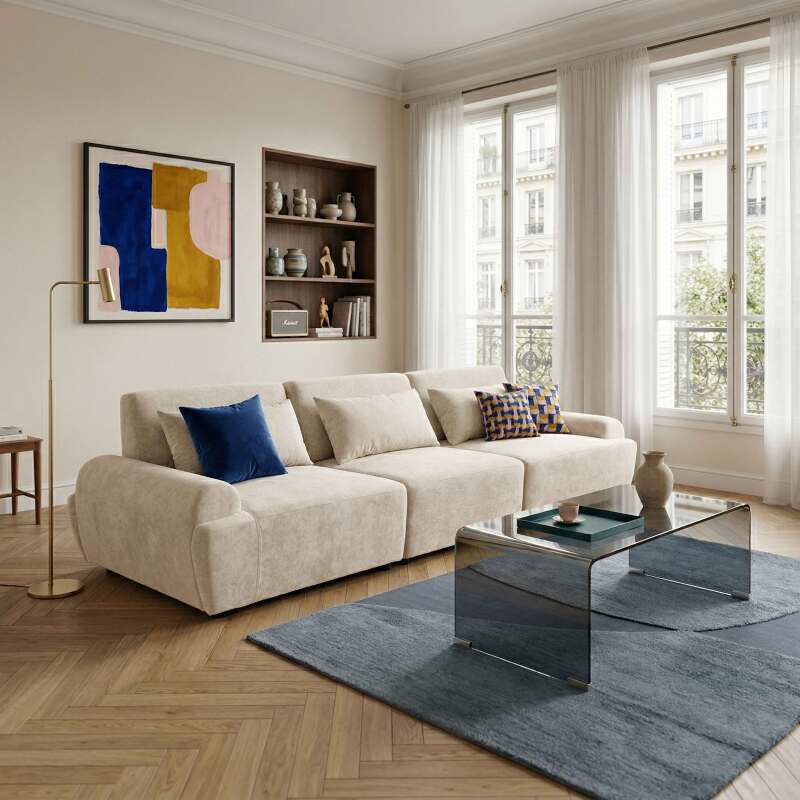 Divano modulare 3 posti in tessuto con cuscini