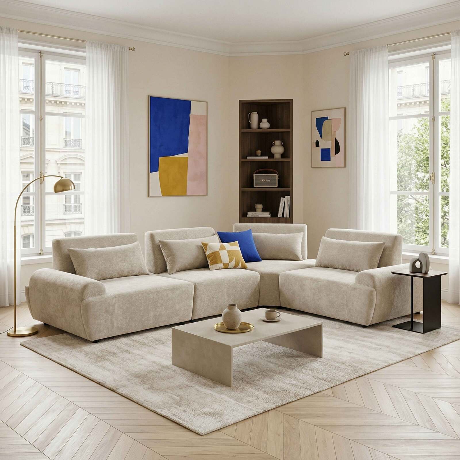 Divano angolare modulare 4 posti in tessuto con cuscini