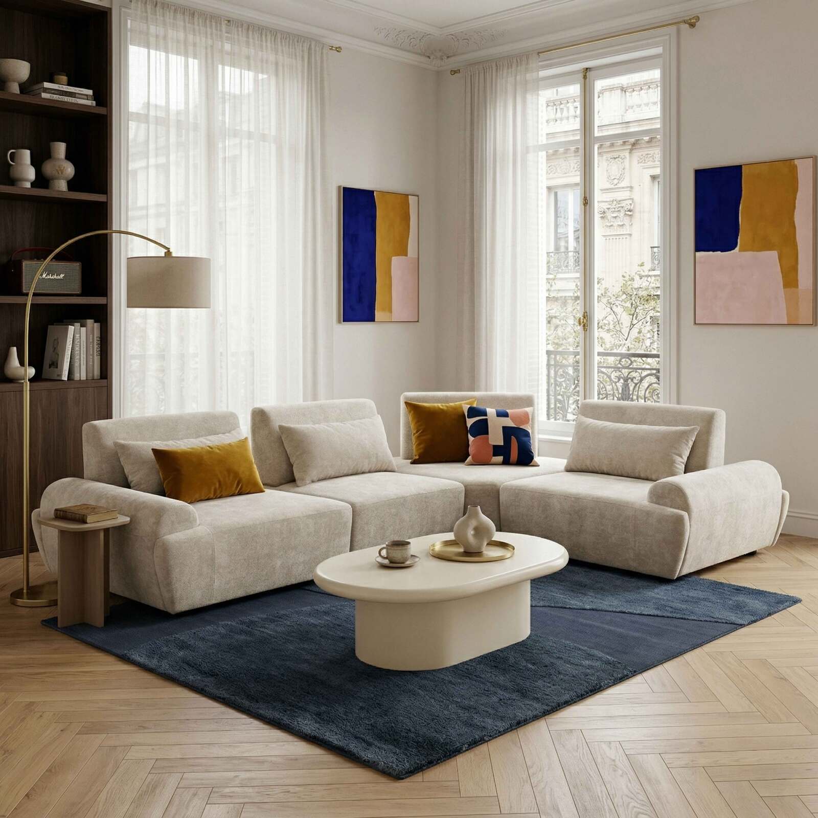 Divano angolare modulare 4 posti in tessuto con cuscini