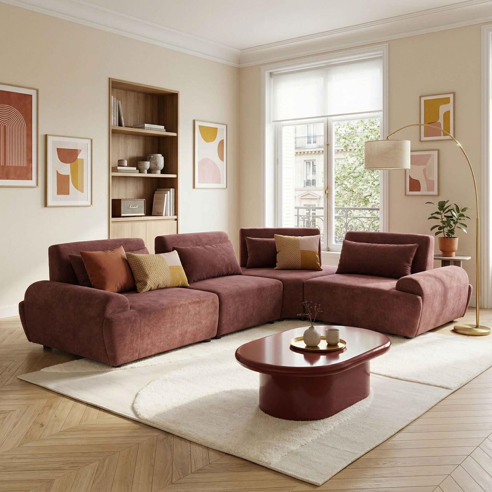 Divano angolare modulare 4 posti in tessuto con cuscini