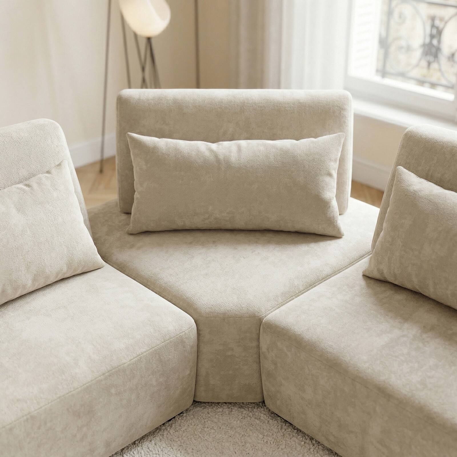 Divano angolare modulare 5 posti in tessuto con cuscini