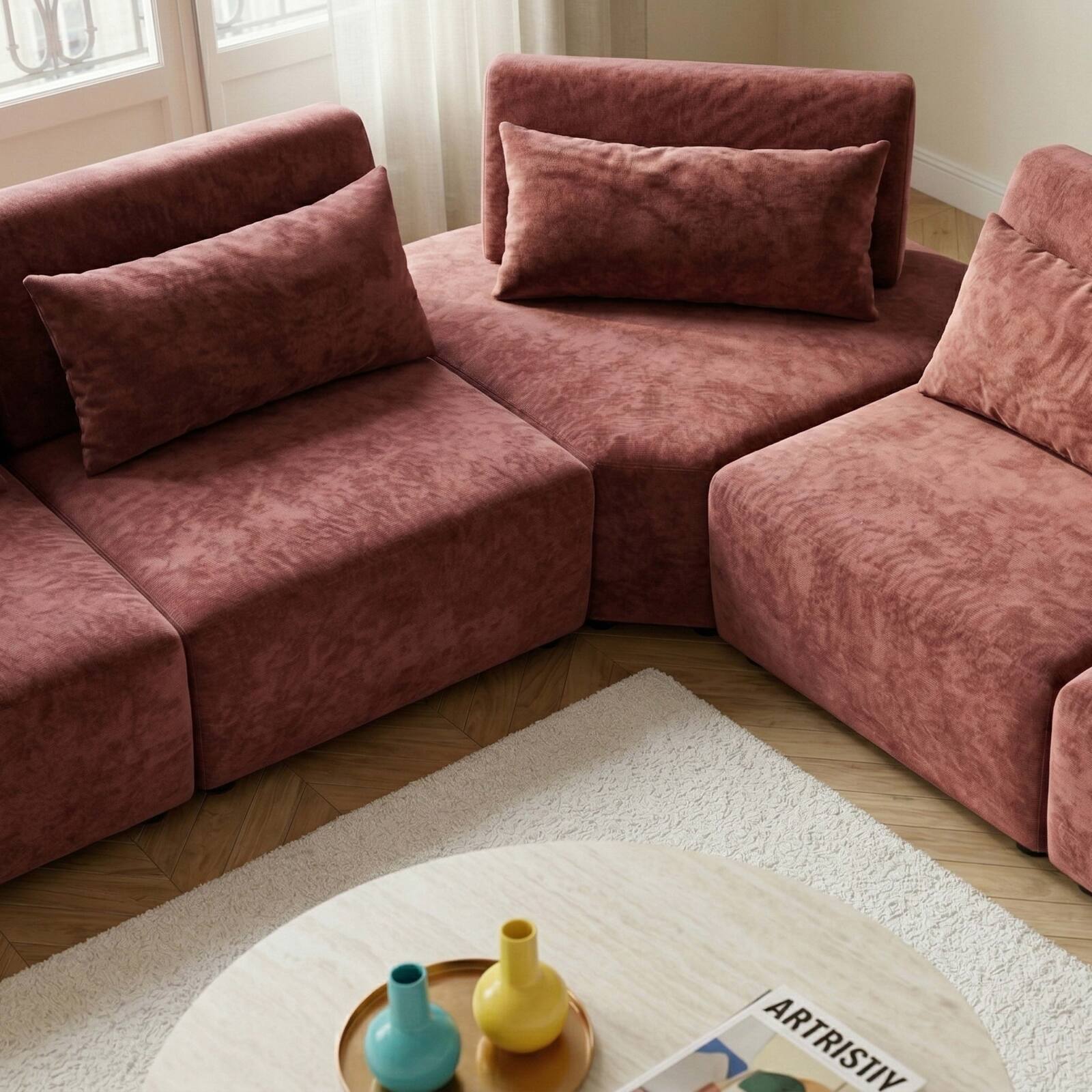 Divano angolare modulare 5 posti in tessuto con cuscini