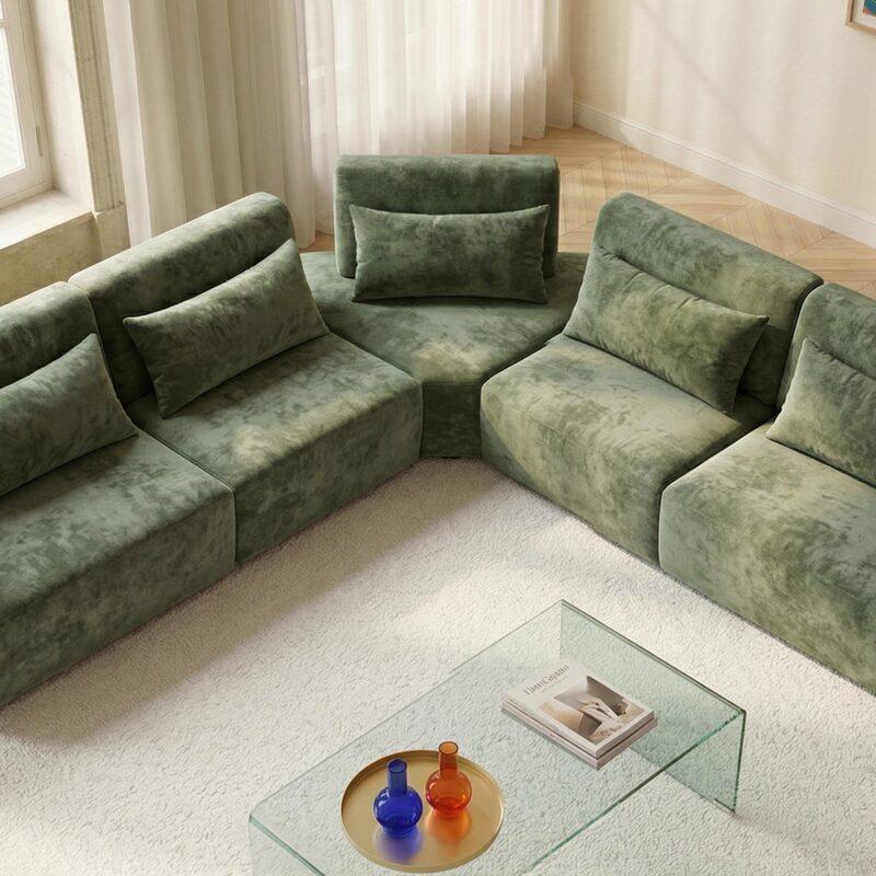 Divano angolare modulare 5 posti in tessuto con cuscini (4/7)