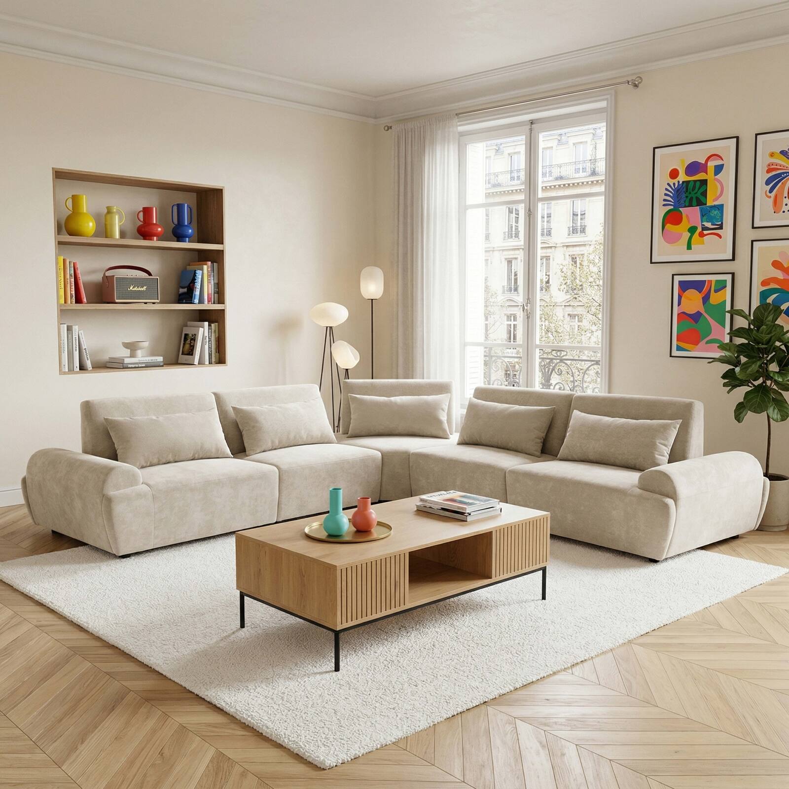 Divano angolare modulare 5 posti in tessuto con cuscini