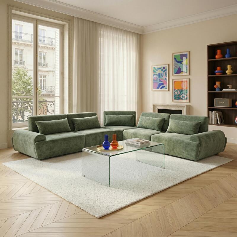 Divano angolare modulare 5 posti in tessuto con cuscini (3/7)