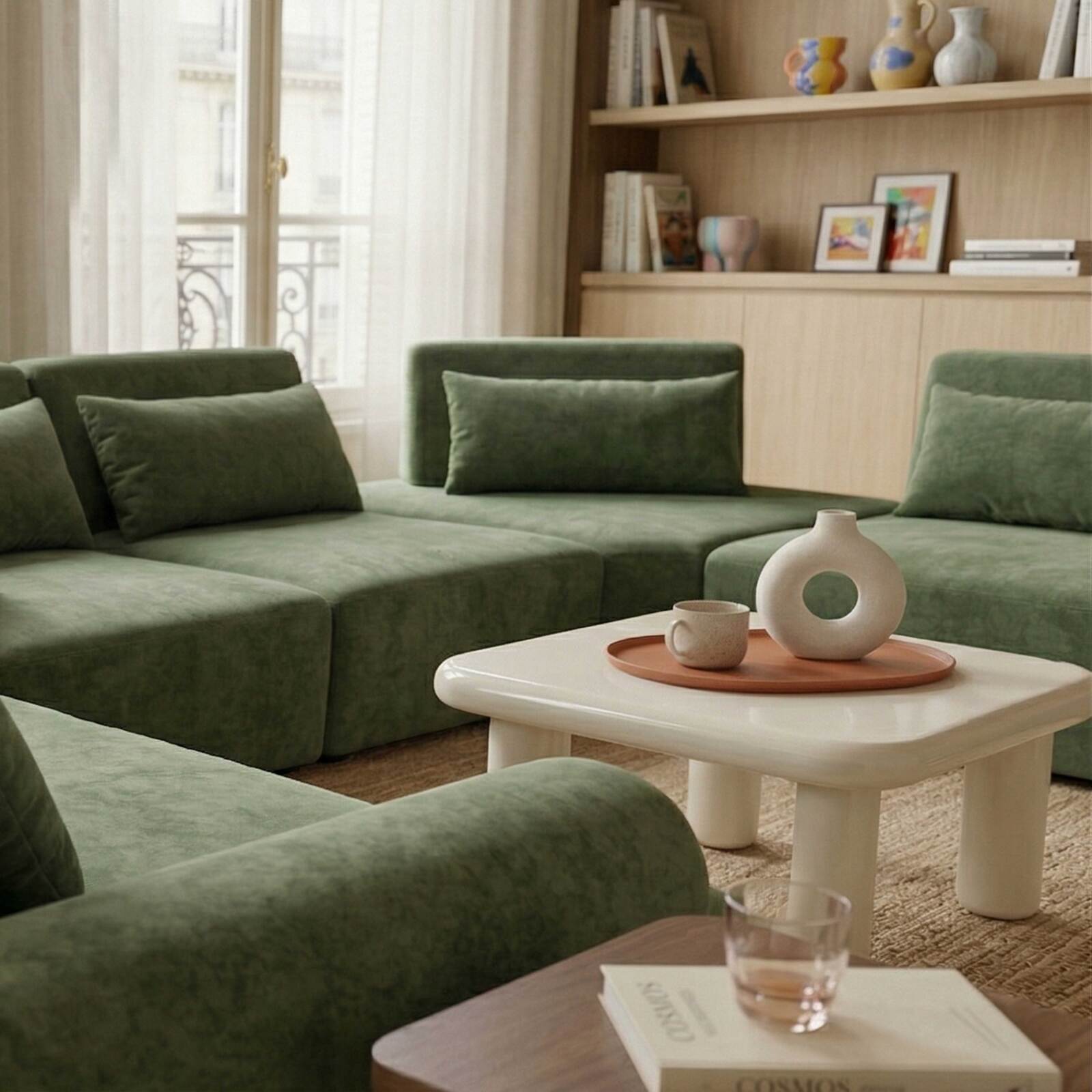 Divano angolare modulare panoramico 6 posti in tessuto con cuscini