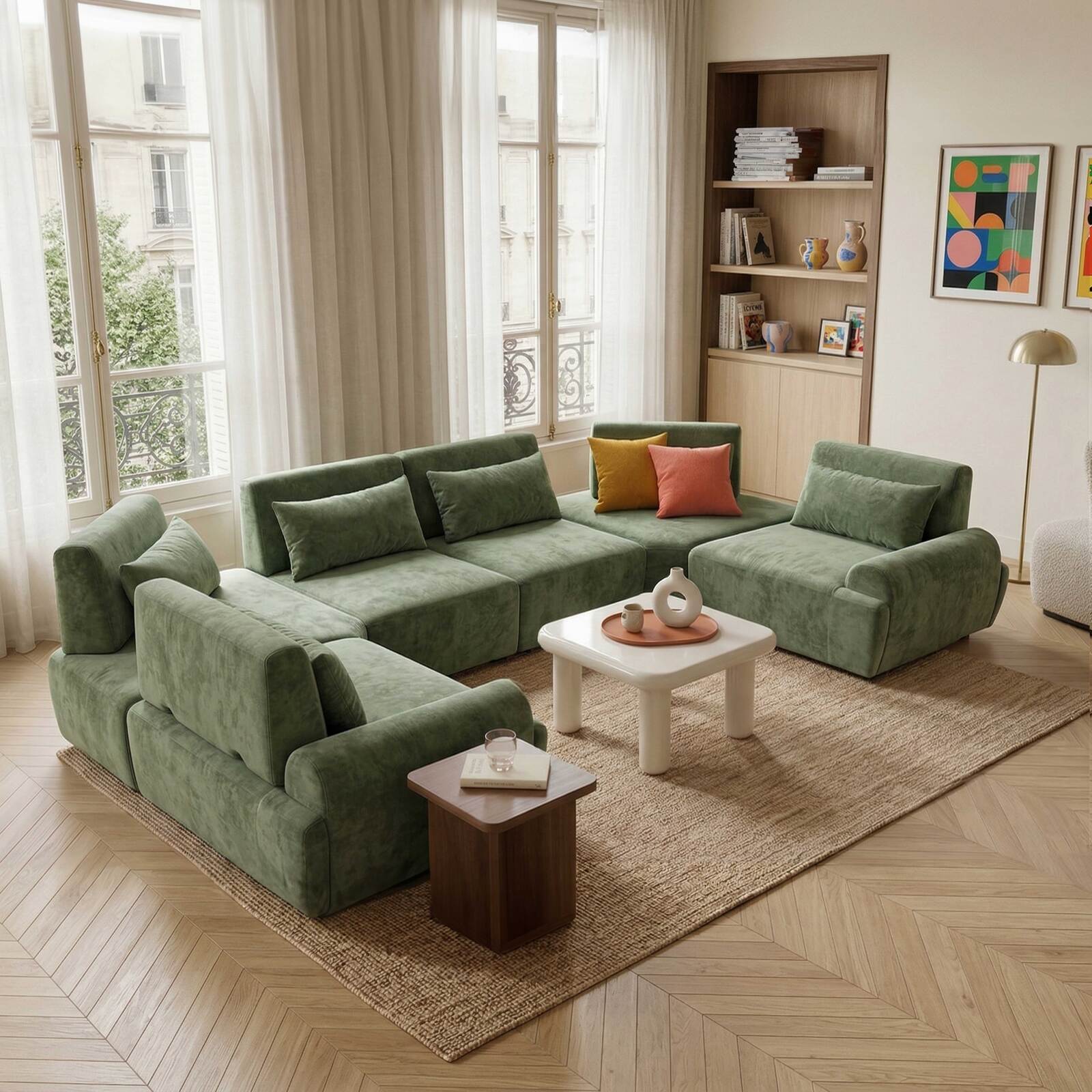 Divano angolare modulare panoramico 6 posti in tessuto con cuscini