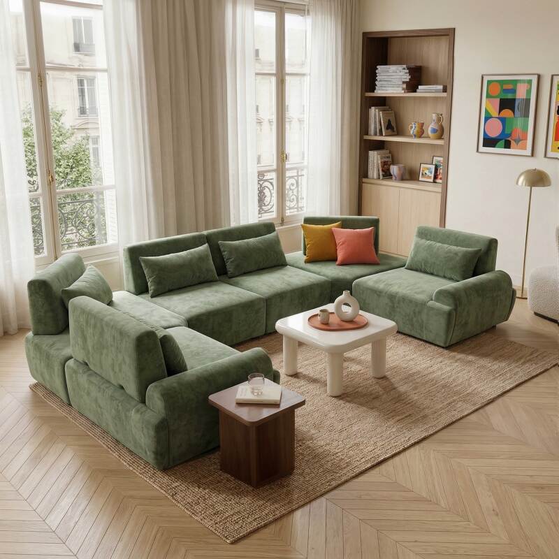 Divano angolare modulare panoramico 6 posti in tessuto con cuscini (2/8)