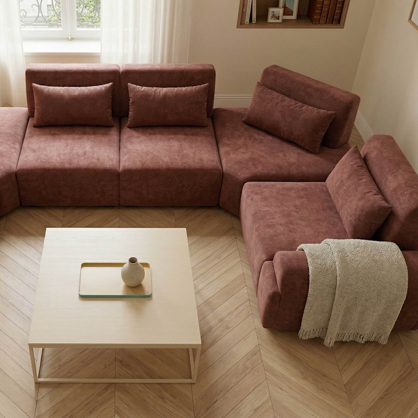 Divano angolare modulare panoramico 6 posti in tessuto con cuscini