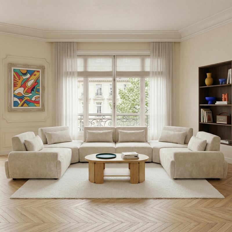 Divano angolare modulare panoramico 6 posti in tessuto con cuscini