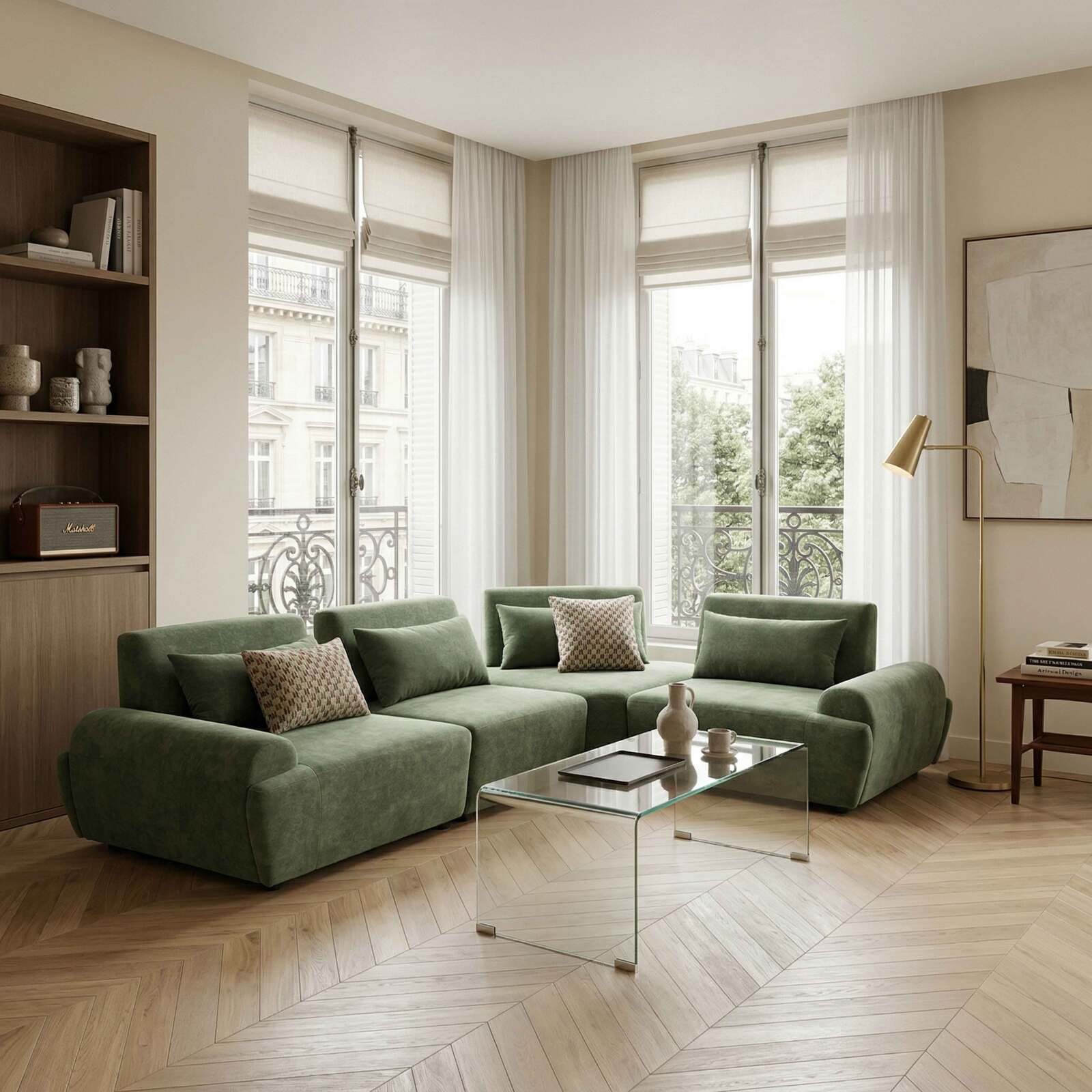 Poltrona destra per divano modulare in tessuto con cuscini