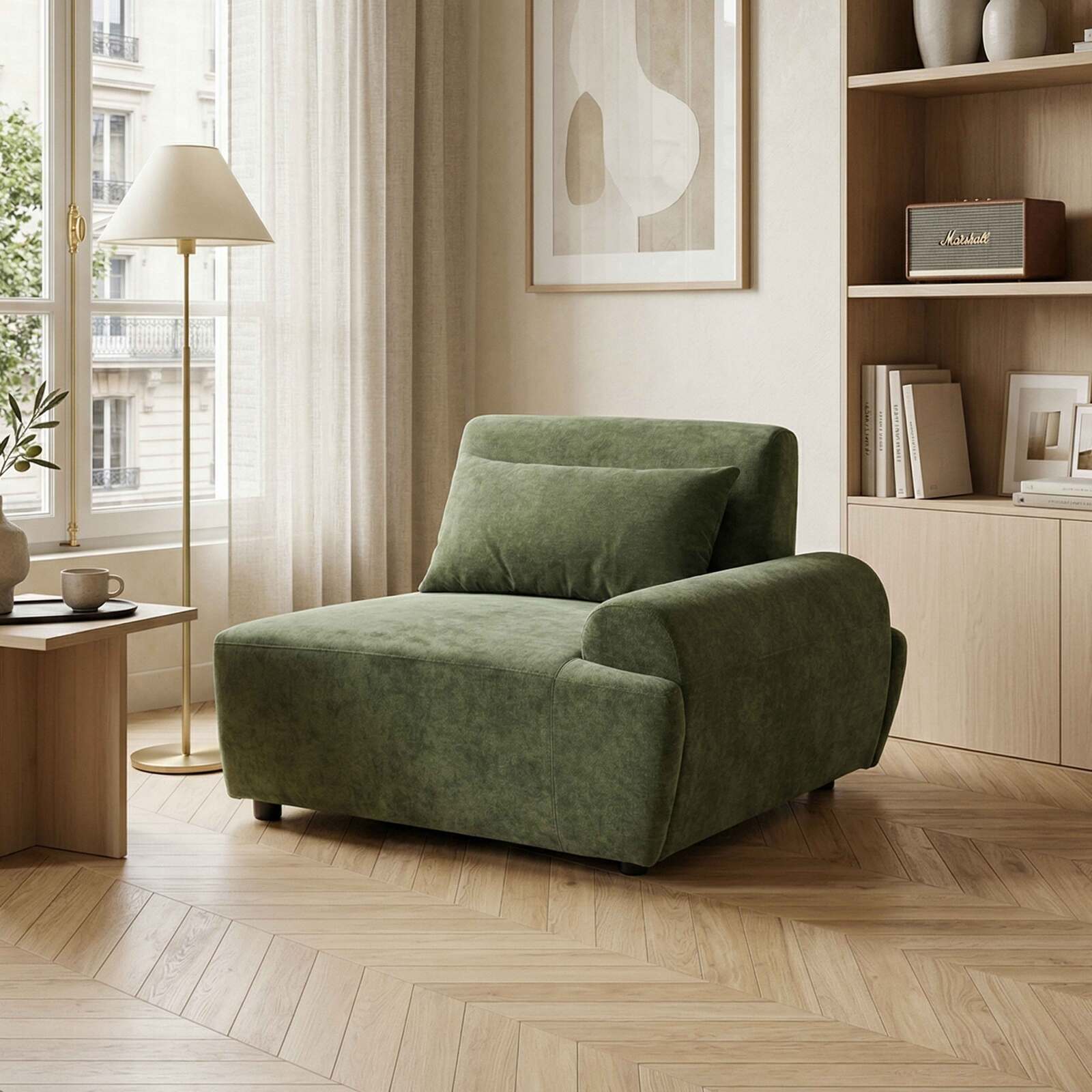 Poltrona sinistra per divano modulare in tessuto con cuscini