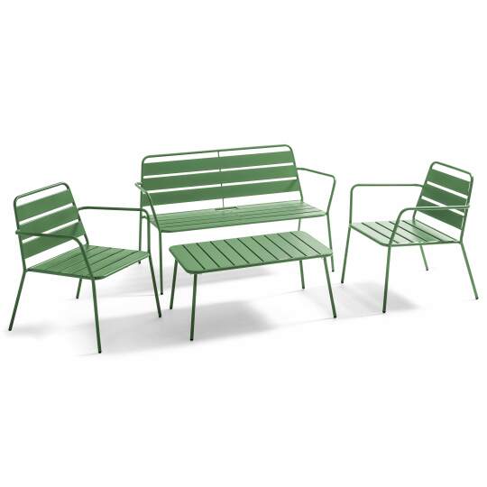 Salotto da giardino in metallo 4 posti, 1 Tavolina da salotto, 2 poltrone, 1 divano
