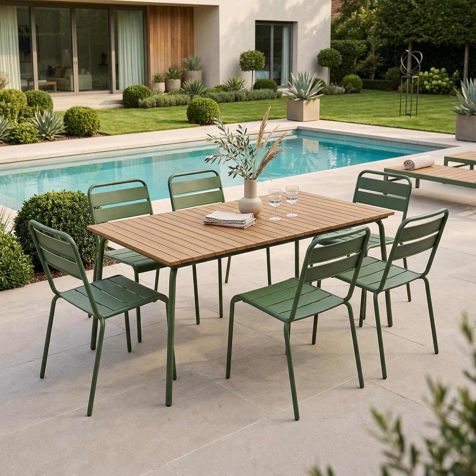 Tavolo da giardino effetto legno in metallo y polywood 6 persone 160x90 cm