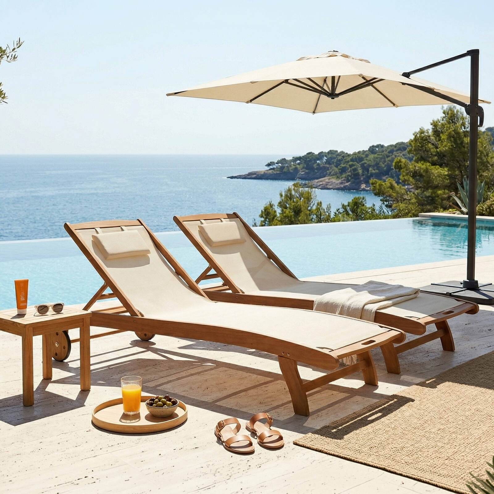 Sdraio da giardino in legno reclinabili con ruote - Set di 2