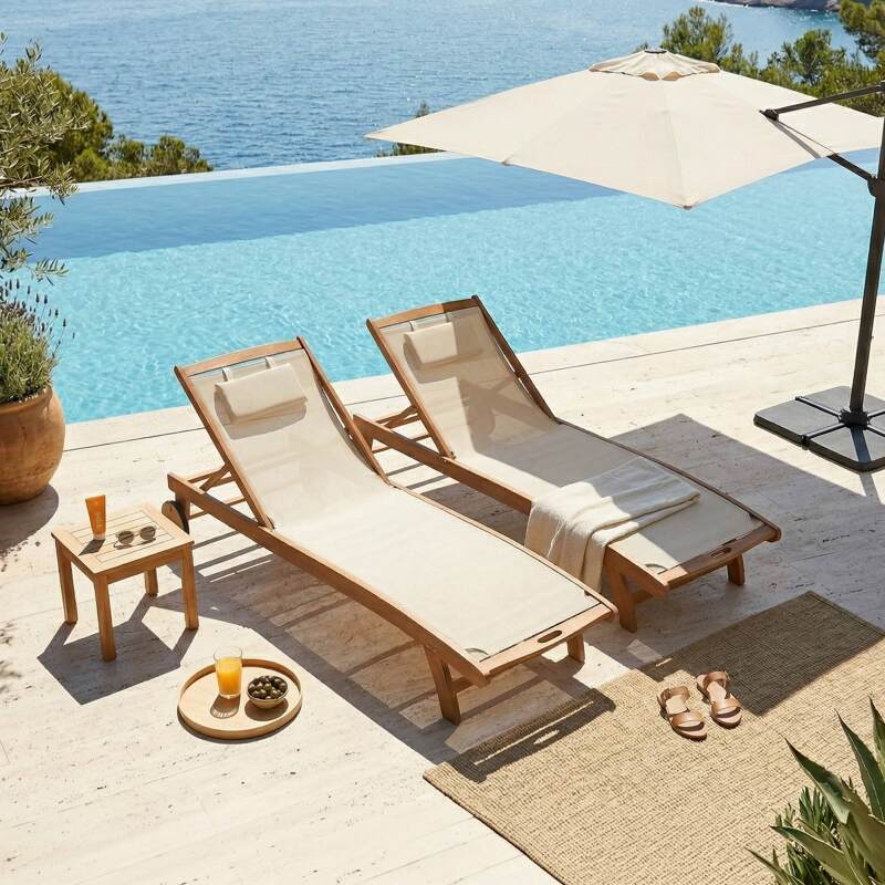 Sdraio da giardino in legno reclinabili con ruote - Set di 2 (2/8)