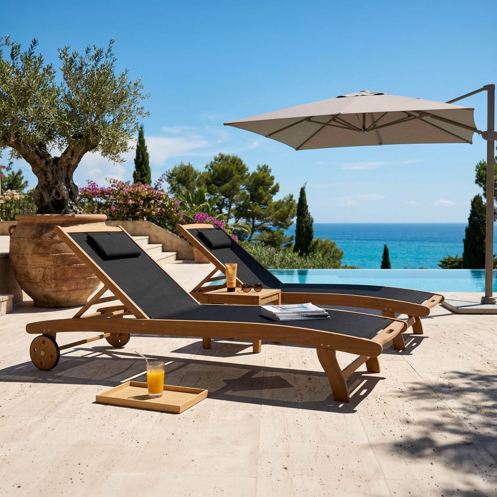 Sdraio da giardino in legno reclinabili con ruote - Set di 2