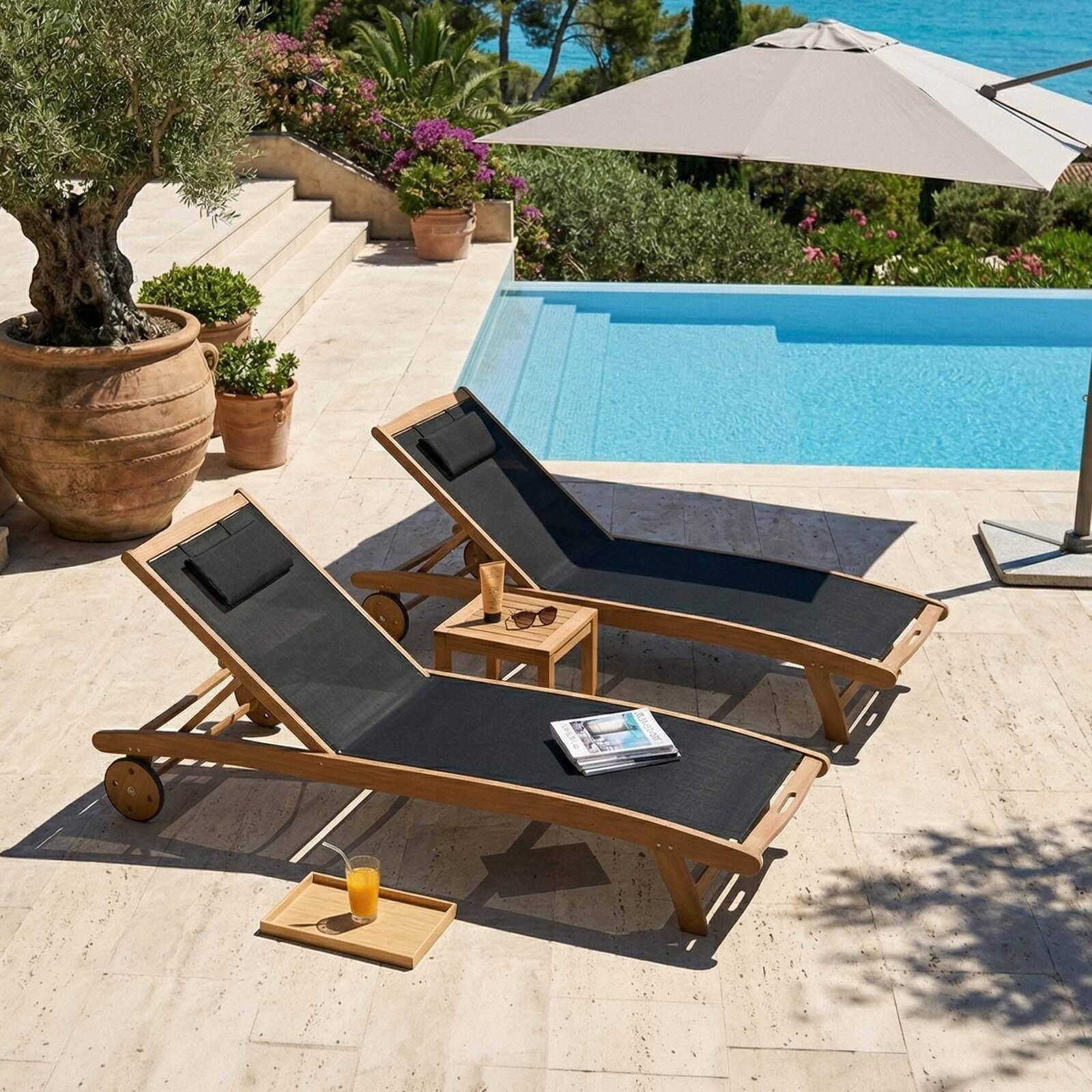 Sdraio da giardino in legno reclinabili con ruote - Set di 2