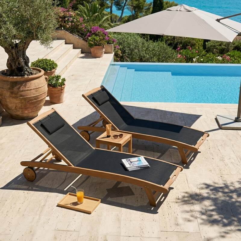 Sdraio da giardino in legno reclinabili con ruote - Set di 2 (2/8)