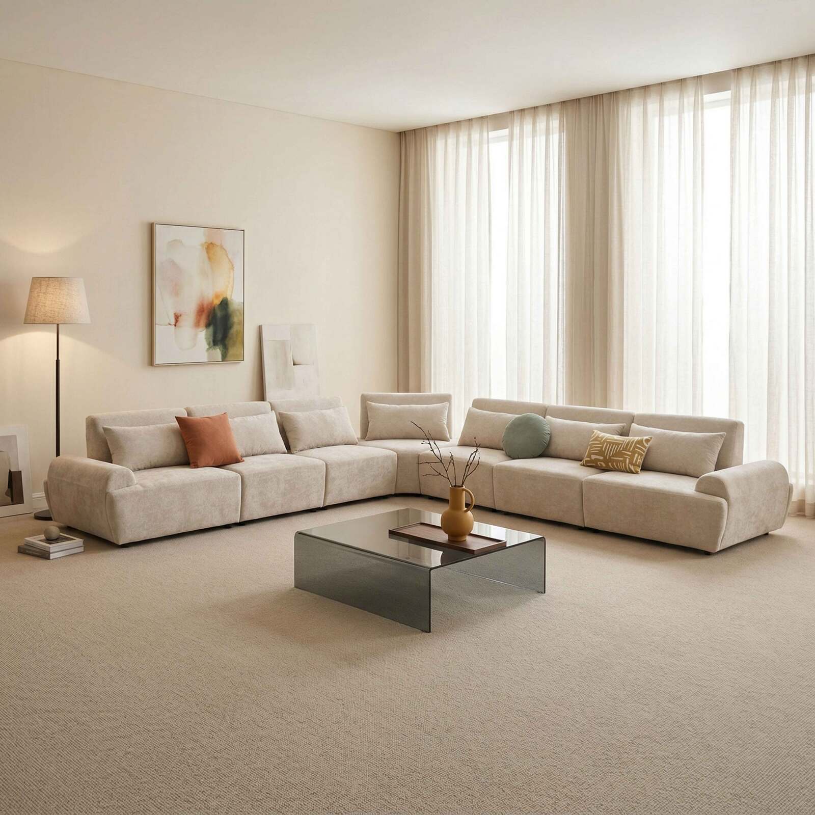 Divano angolare modulare 7 posti in tessuto con cuscini