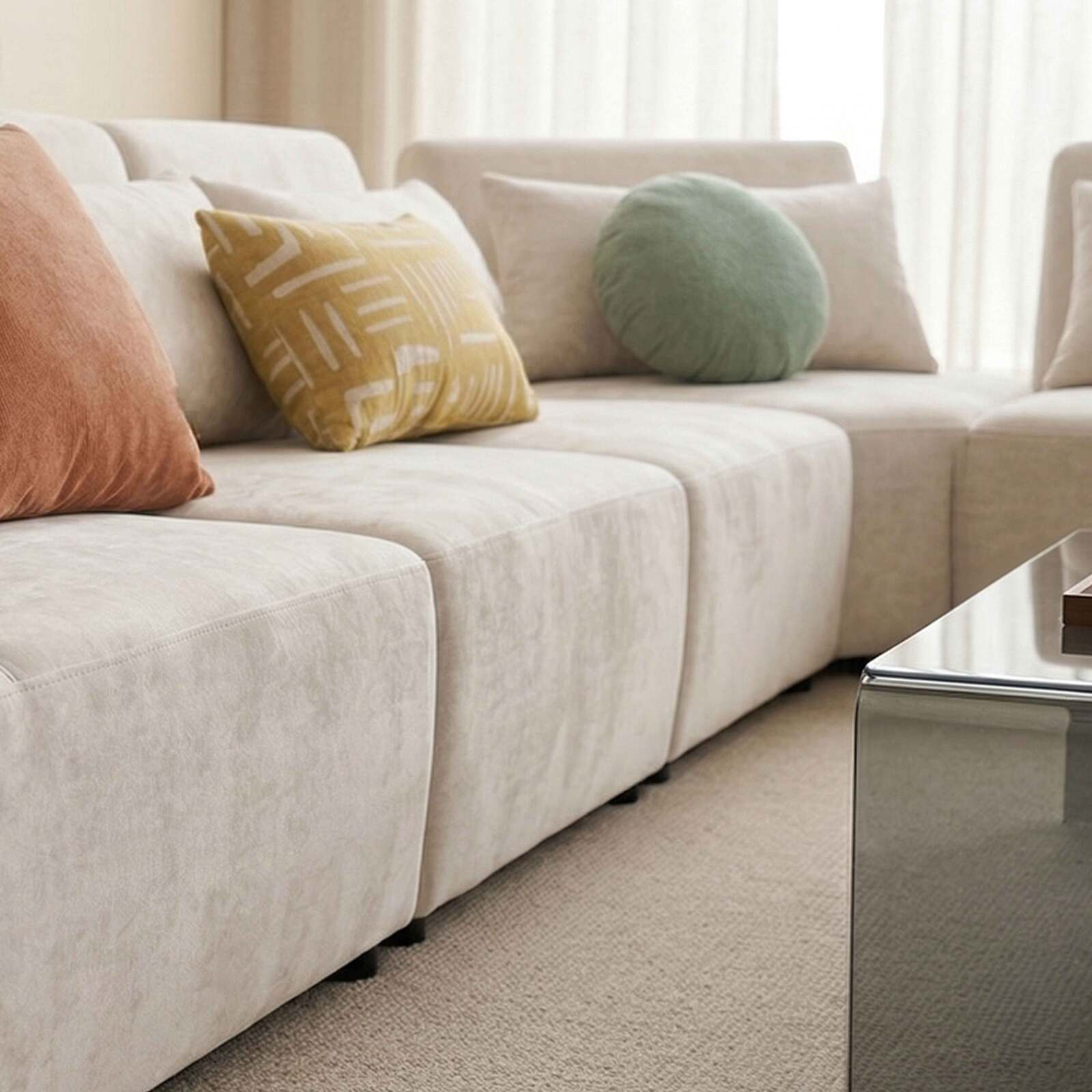 Divano angolare modulare 7 posti in tessuto con cuscini