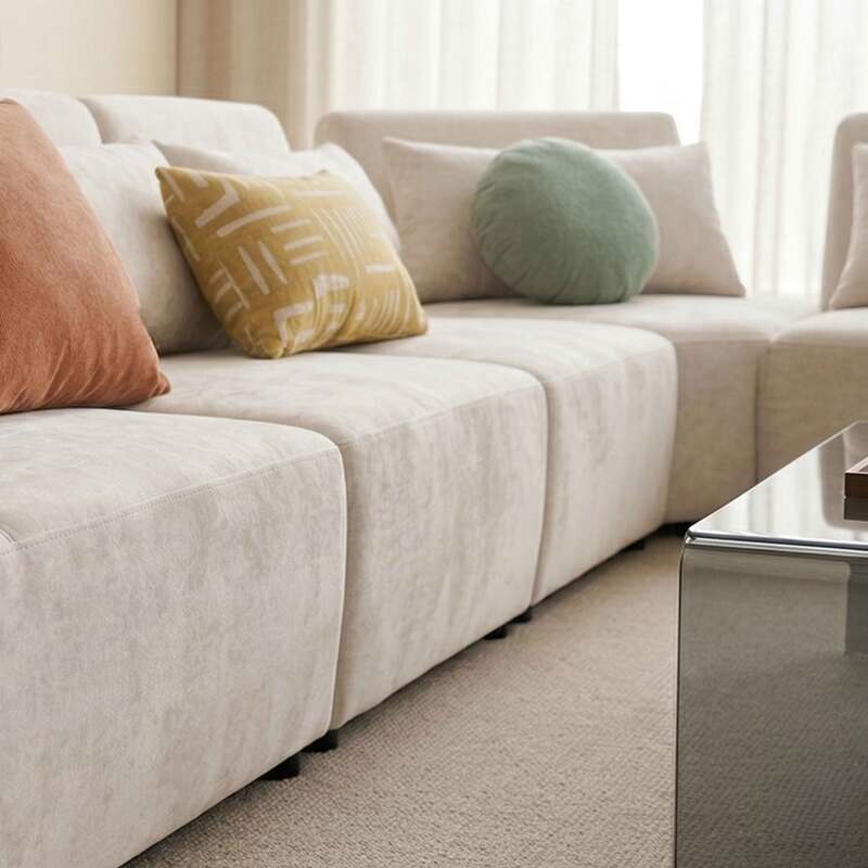 Divano angolare modulare 7 posti in tessuto con cuscini (2/8)