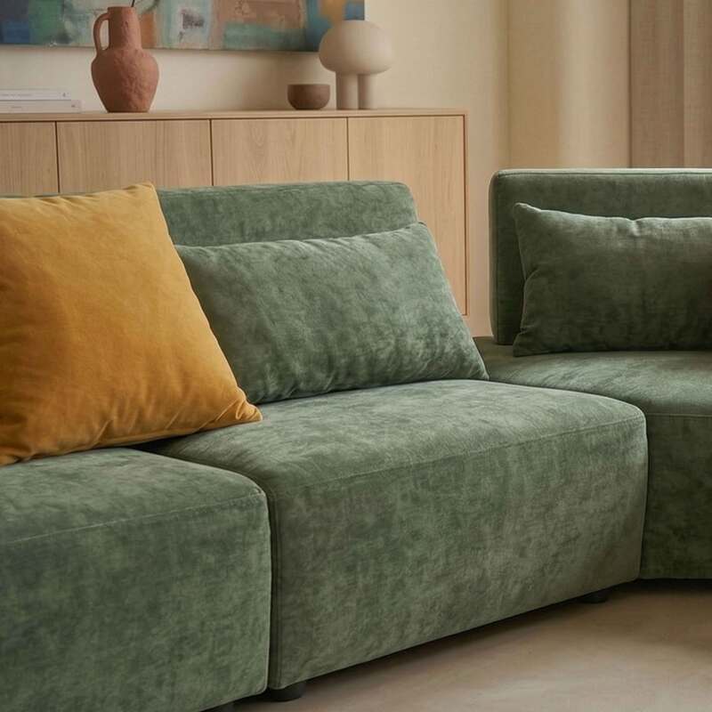 Divano angolare modulare 7 posti in tessuto con cuscini (4/8)