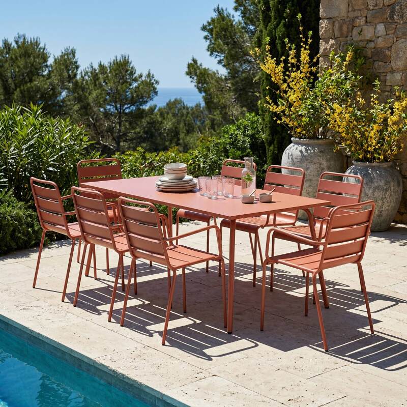 Tavolo da giardino in metallo 180x90 cm e 8 sedie con braccioli