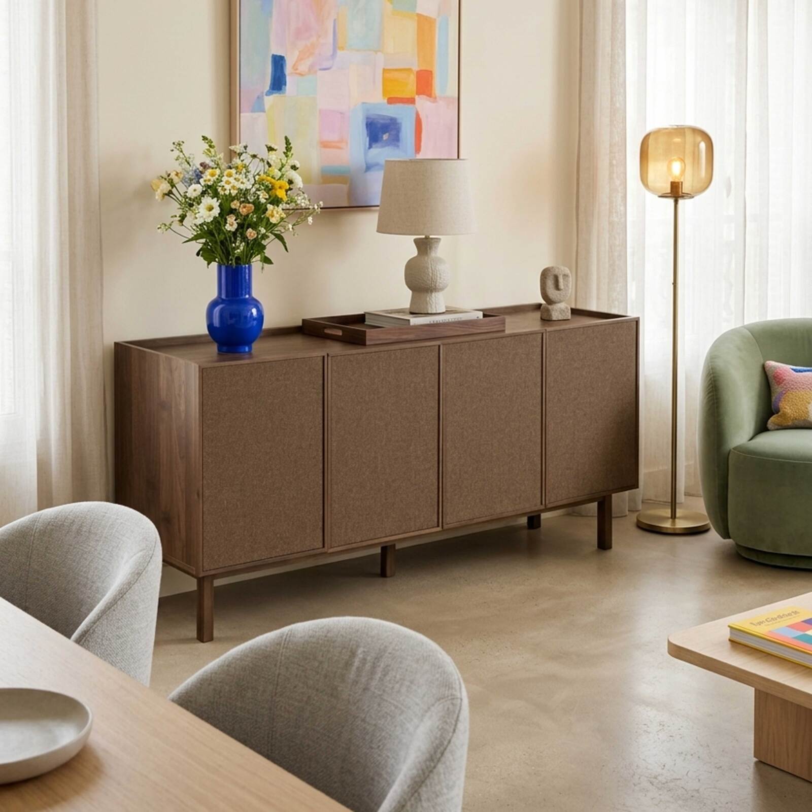 Buffet effetto legno e tessuto 4 ante 180 cm stile scandinavo