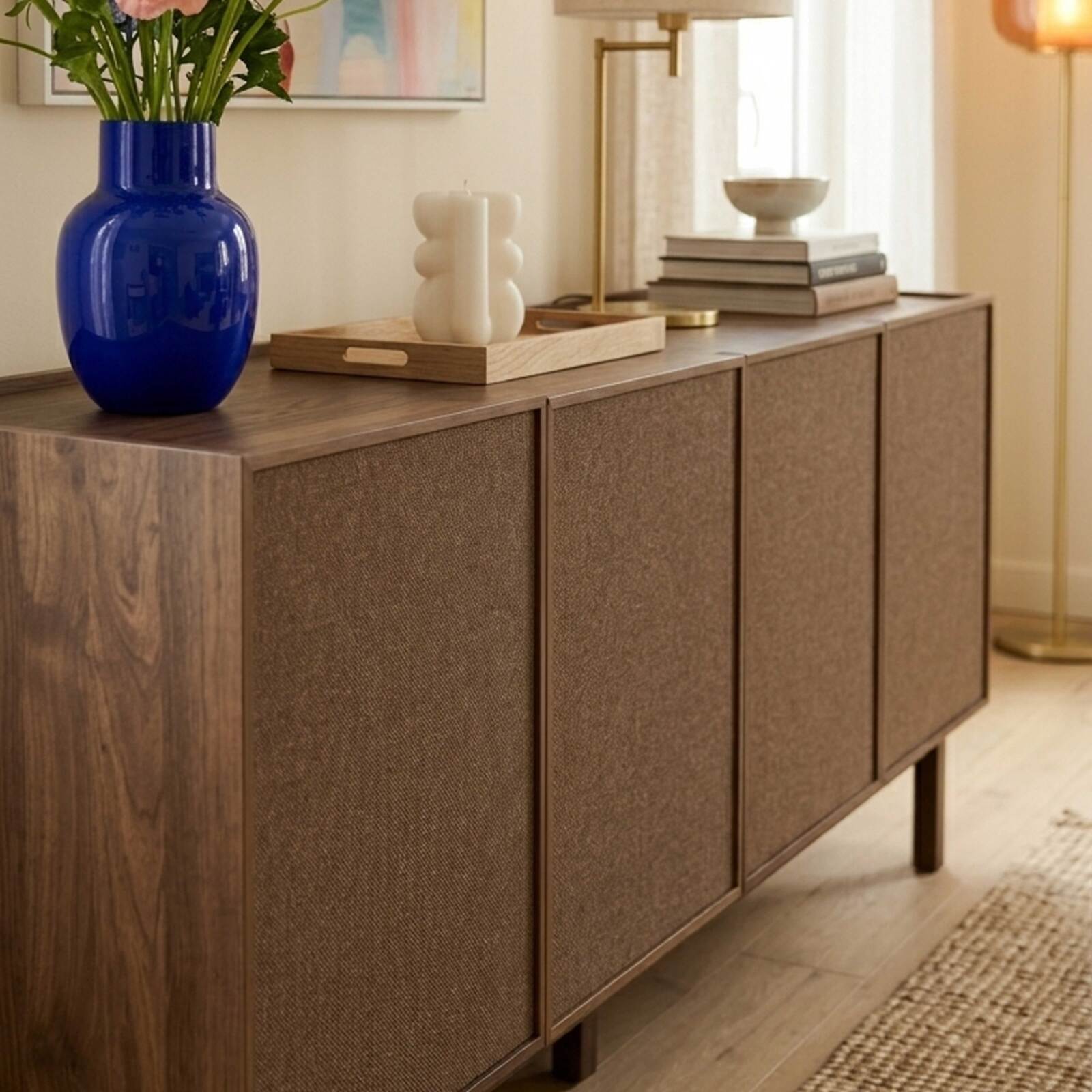 Buffet effetto legno e tessuto 4 ante 180 cm stile scandinavo