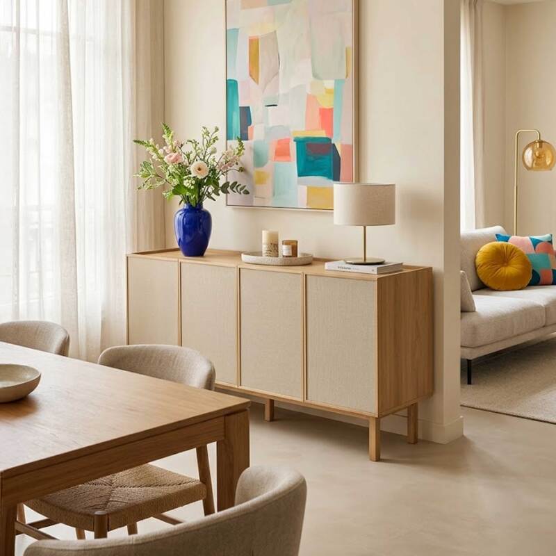 Buffet effetto legno e tessuto 4 ante 180 cm stile scandinavo (8/9)