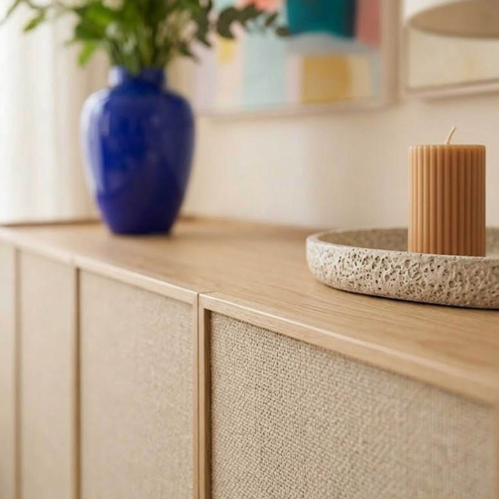 Buffet effetto legno e tessuto 4 ante 180 cm stile scandinavo