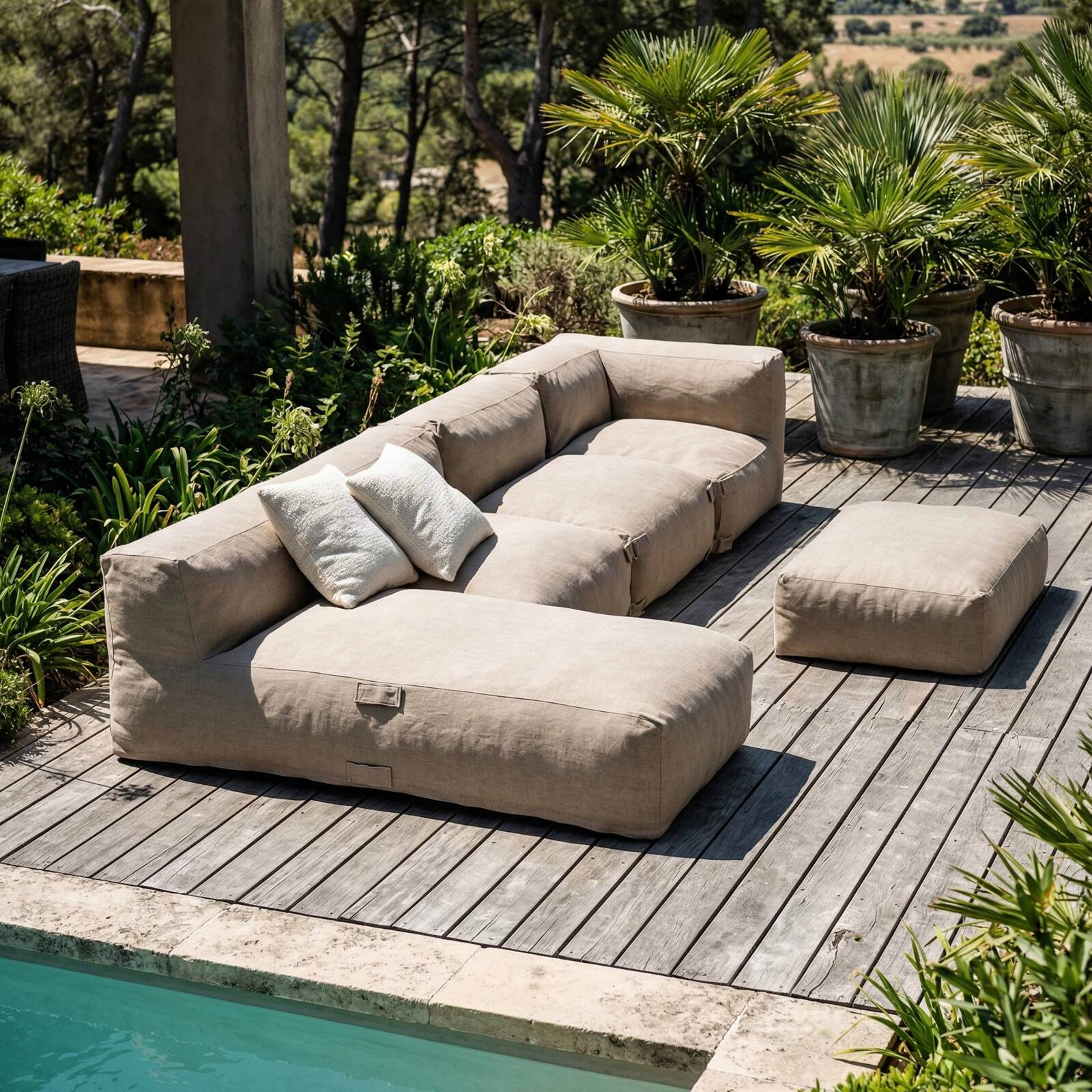 Divano modulare da esterno 4 posti con 2 poltrone, 1 poltrona angolare, 1 chaise longue e 1 pouf