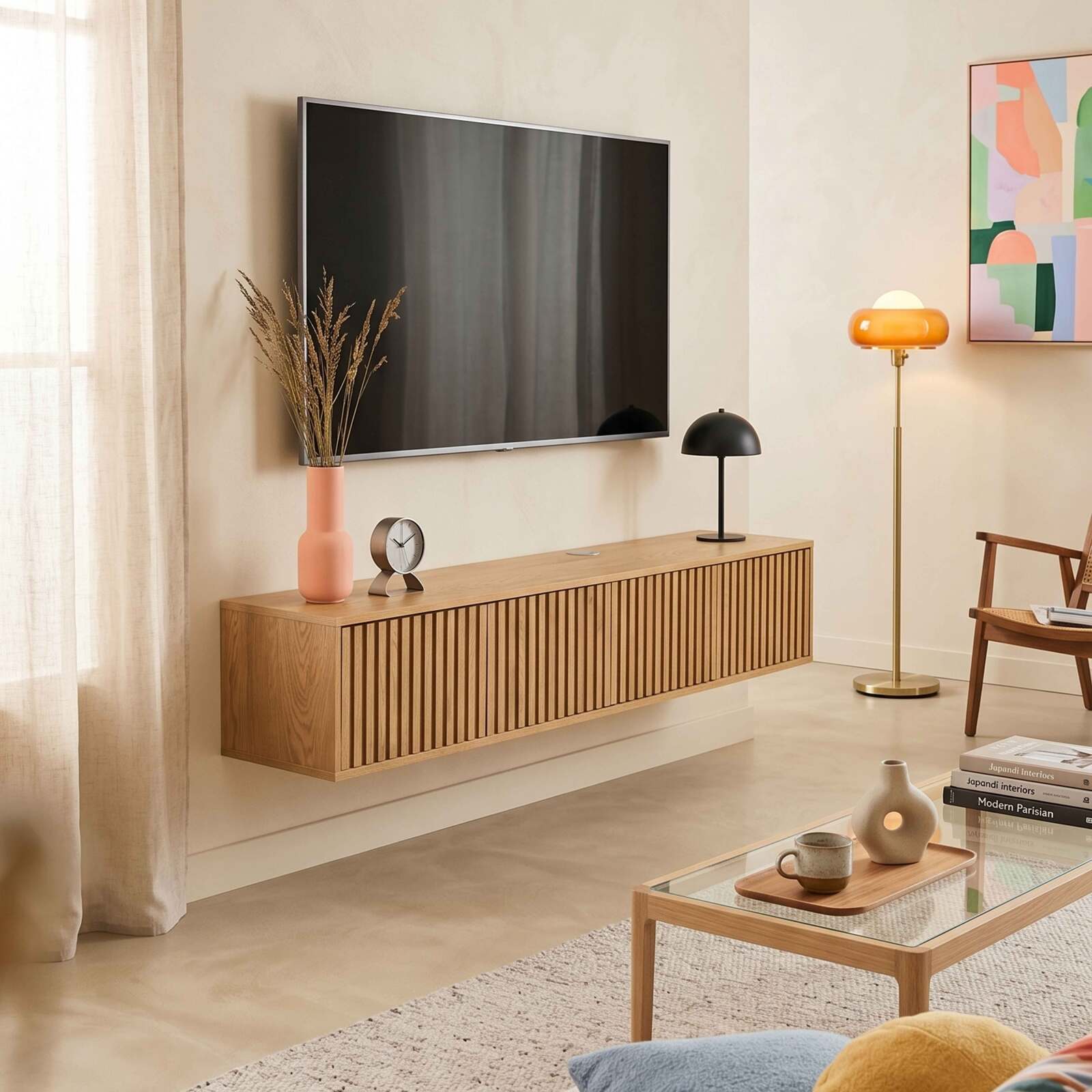 Mobile TV sospeso effetto legno chario 160 cm stile scandinavo
