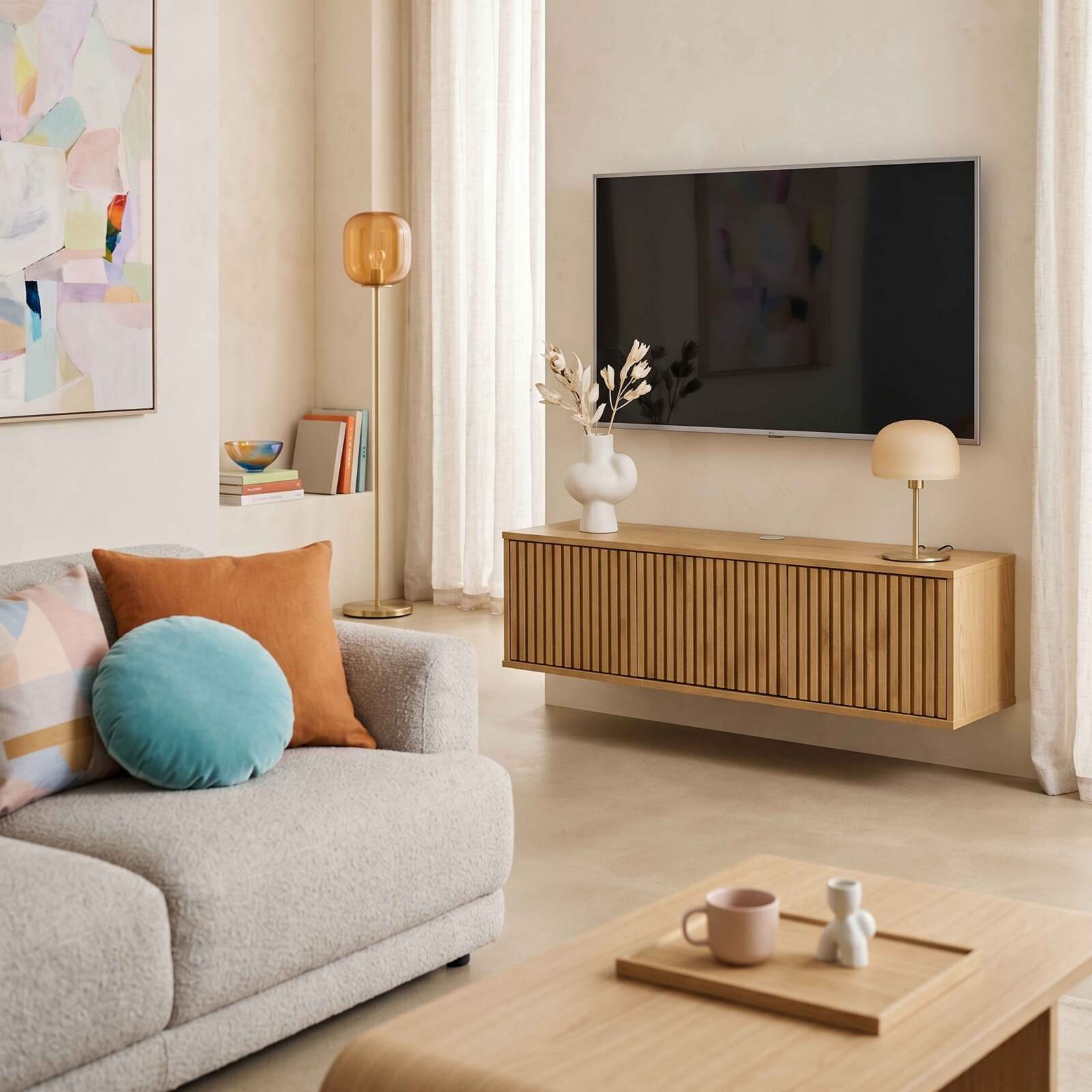 Mobile TV sospeso effetto legno chario 120 cm stile scandinavo