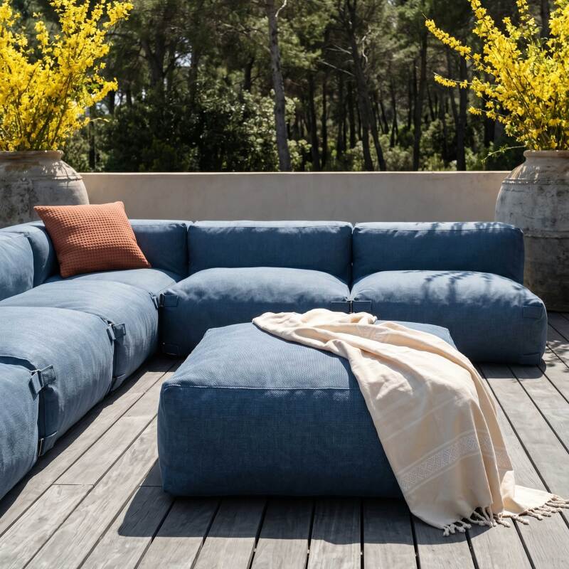 Divano modulare da esterno 7 posti con 5 poltrone, 1 poltrona angolare, 1 chaise longue e 1 pouf (3/8)