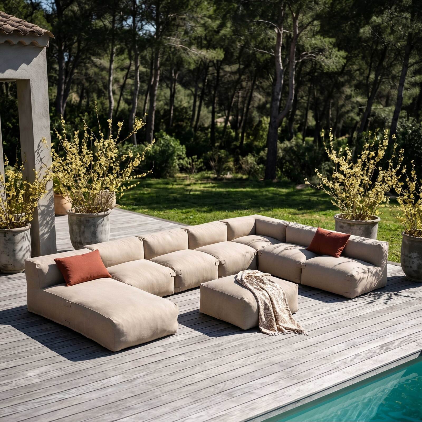 Divano modulare da esterno 7 posti con 5 poltrone, 1 poltrona angolare, 1 chaise longue e 1 pouf