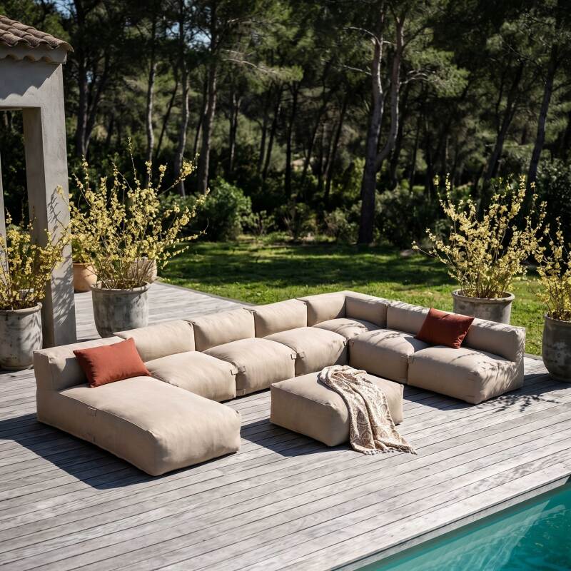 Divano modulare da esterno 7 posti con 5 poltrone, 1 poltrona angolare, 1 chaise longue e 1 pouf